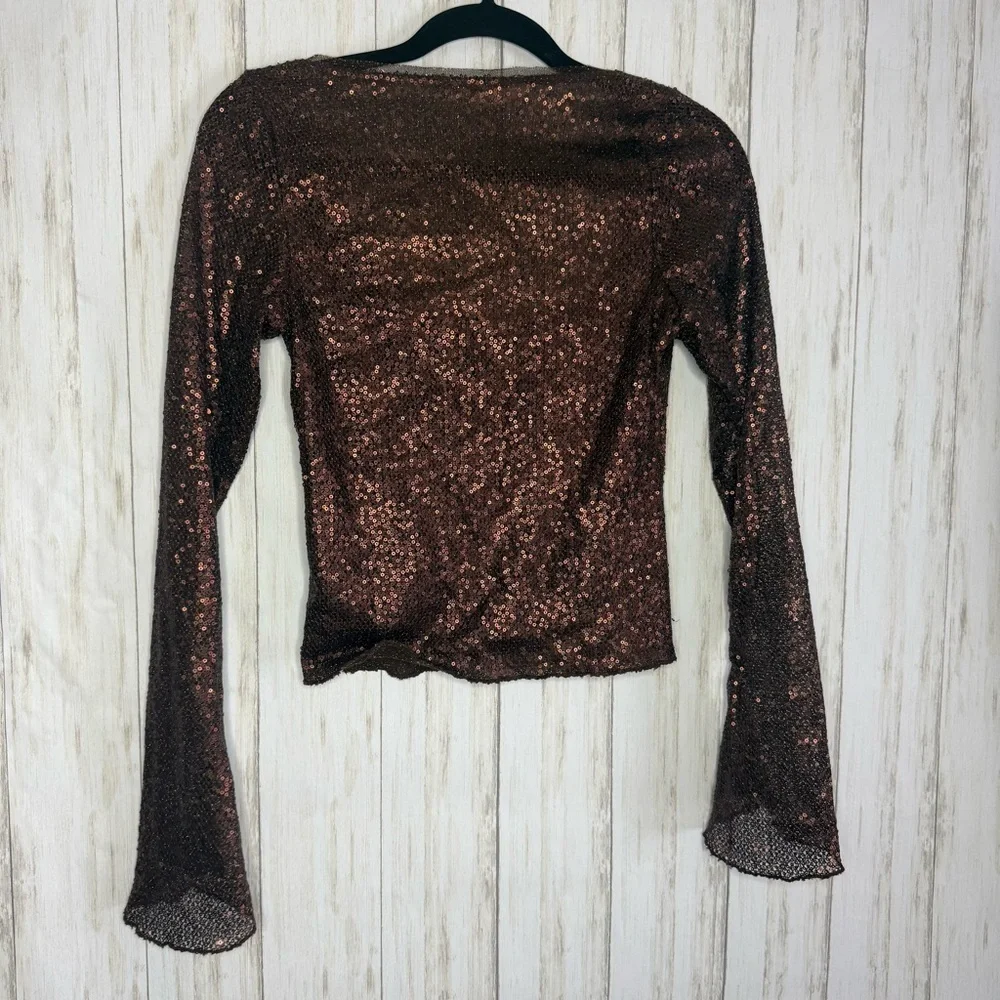 Free People Brown Sequin Long Sleeve Blouse